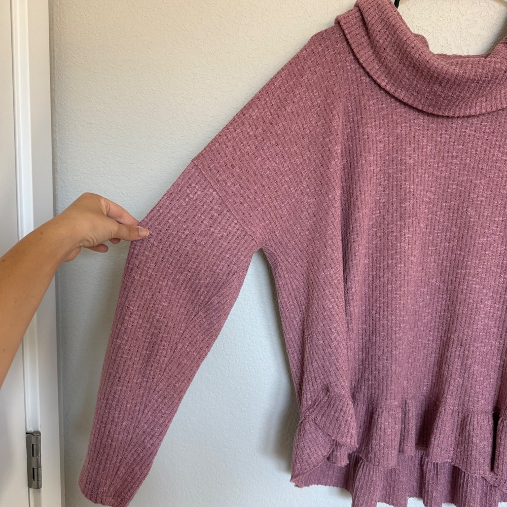 Maeve Anthropologie Womens Cowl Neck Ruffle Hem Waffle Knit Sweater Mauve Pink - Picture 3 of 7